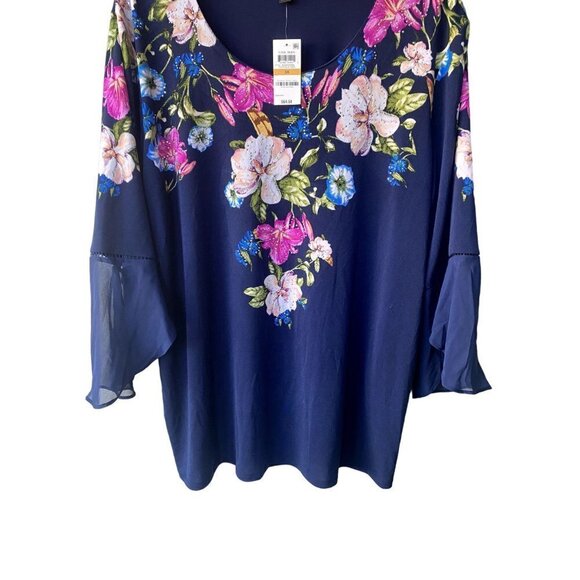 NWT JM Collection Long Sleeved Embellished Floral Navy SheerTunic Top 3X - Picture 4 of 9